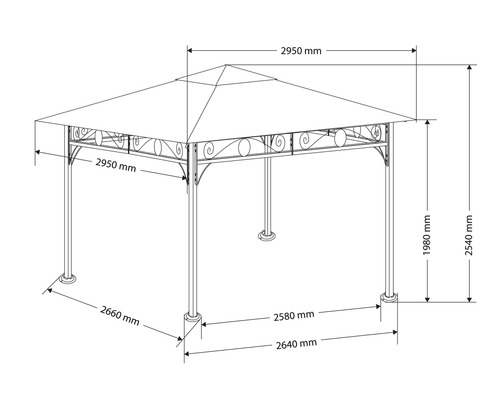 Technische Zeichnung eines Pavillons mit Maßangaben.