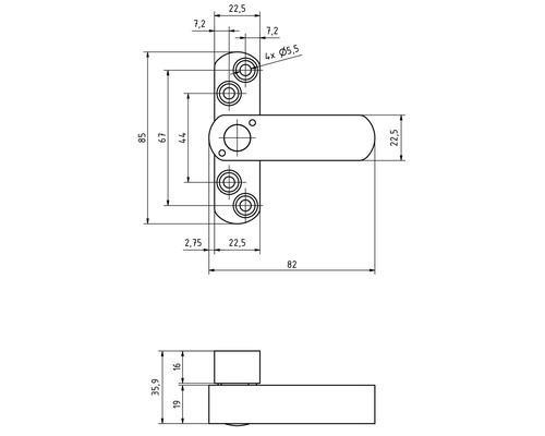 Schéma technique d''une poignée de porte avec dimensions