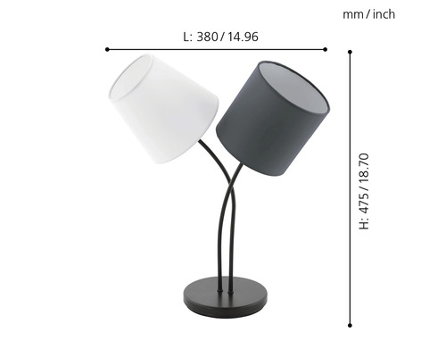 Lampe de table avec deux abat-jour et dimensions.