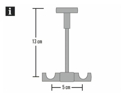 Dessin technique d''un support mesurant 13 cm de haut et 5 cm de large.