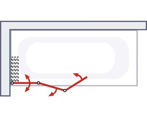 Schematische Darstellung einer Badewanne mit einer faltbaren Badewannenwand