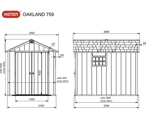 Schéma technique abri de jardin Keter Oakland 759 avec dimensions