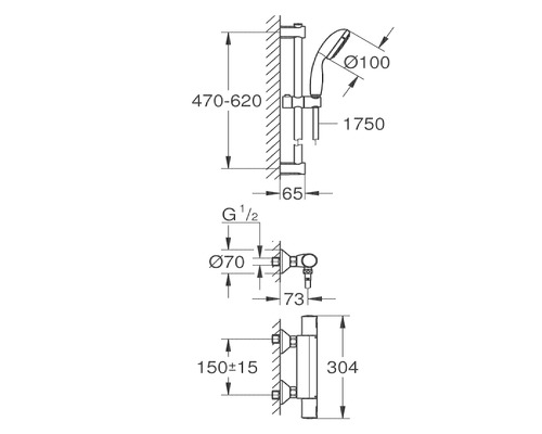 Schéma technique de set de douche avec dimensions
