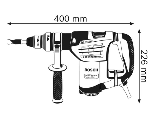 Abbildung eines Bohrhammers mit den Maßen 400 mm Länge und 226 mm Höhe