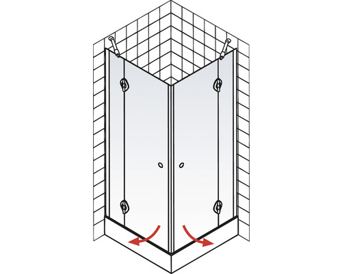 Douche d''angle avec deux portes et évacuation d''eau au sol