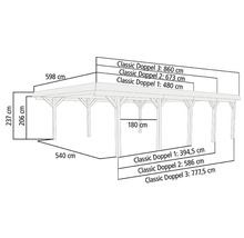 Abmessungen eines Doppelcarports mit Angaben in Zentimetern