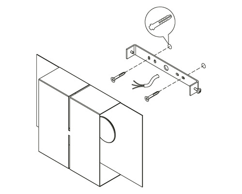 Montageanleitung für eine Wandleuchte mit Schrauben, Dübeln und Halterung.