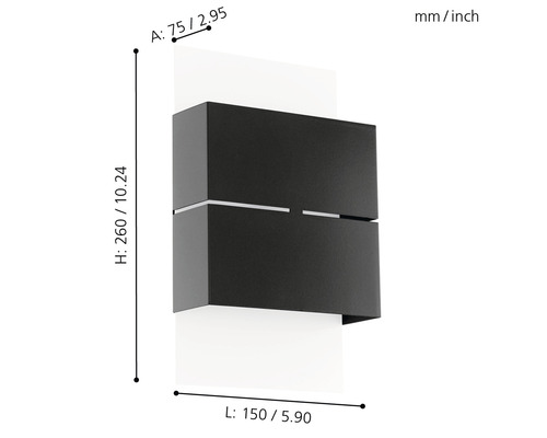 Abmessungen einer schwarzen Wandleuchte: Höhe 260 Millimeter, Länge 150 Millimeter, Breite 75 Millimeter.