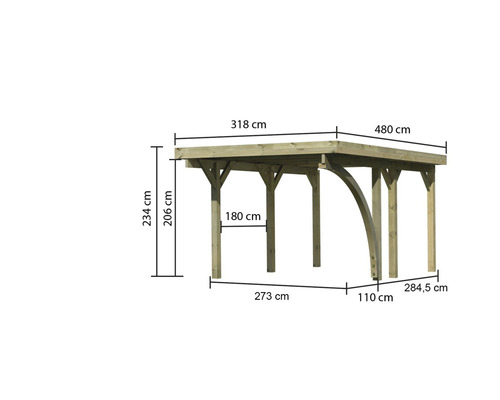 Abmessungen des Holzpavillons: 234 cm hoch, 318 cm breit und 480 cm tief