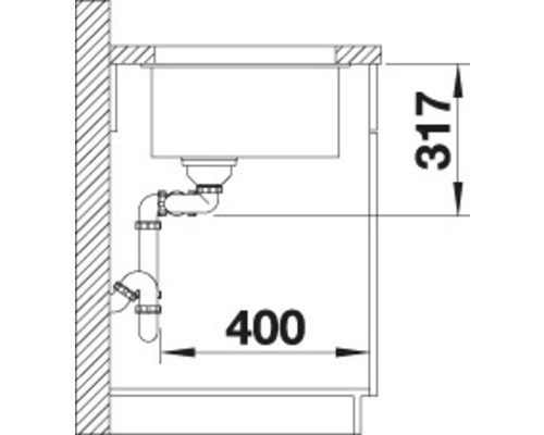 Skizze einer Spüle mit Abmessungen