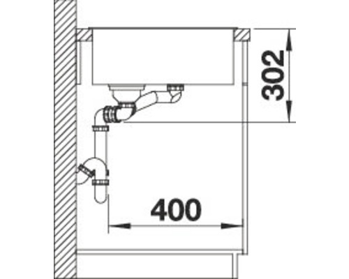 Zeichnung einer Spüle mit Abmessungen 400 mal 302 Millimeter.