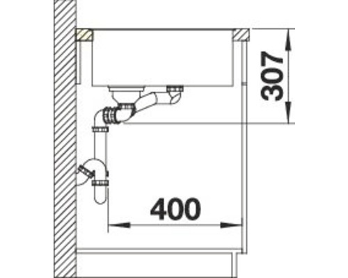 Schéma technique d''un évier avec les dimensions 307 et 400.