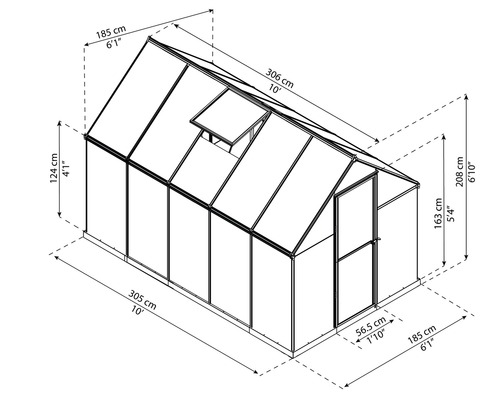Illustration d''une serre avec des indications de dimensions pour la hauteur, la largeur et la profondeur
