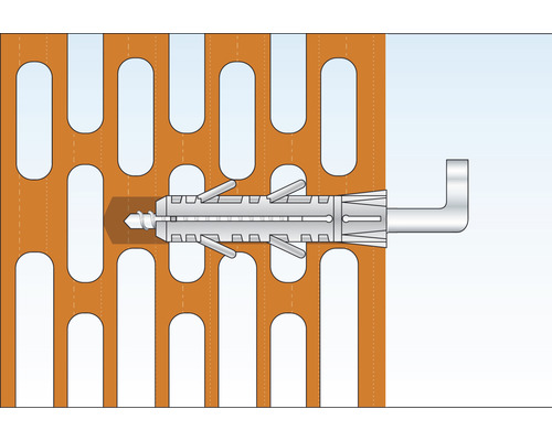 Cheville à expansion en plastique avec vis à crochet dans une plaque perforée