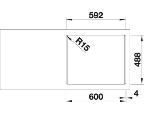 Technische Zeichnung einer Spüle mit den Maßen 592, 488 und 600 Millimeter