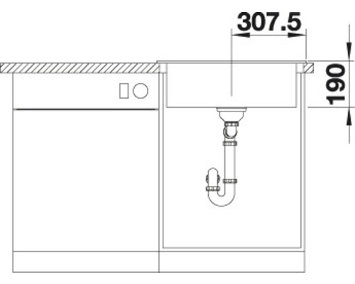 Dessin technique d''un évier avec des dimensions de 307,5 sur 190 millimètres