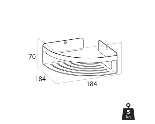 Eckablage mit den Maßen 184 x 184 x 70 Millimeter und einem Gewicht von 5 Kilogramm.