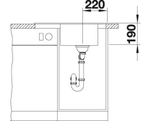 Dessin technique d''un évier avec des dimensions de 220 et 190 millimètres