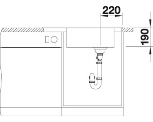 Zeichnung einer Küchenspüle mit Maßangaben für die Installation.