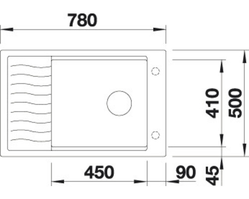Schéma technique d''un évier rectangulaire de dimensions 780 x 500 millimètres.