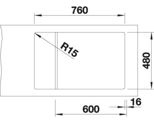 Schéma d''un évier avec les dimensions 760, 600 et 480 mm.