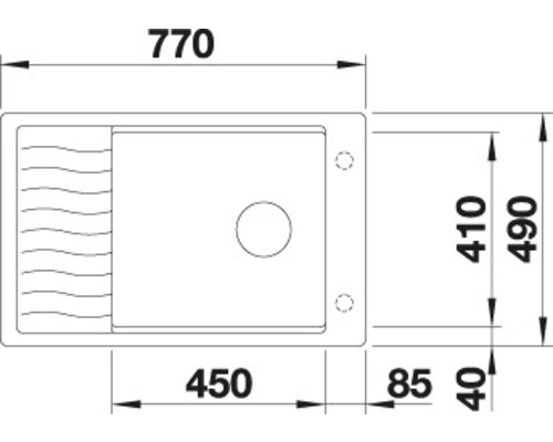 Technische Zeichnung einer Spüle mit Maßangaben