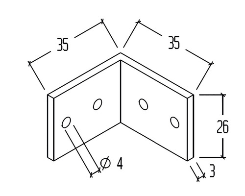 Technische Zeichnung eines Winkelverbinder mit den Maßen 35 x 26 x 3 mm und Bohrungen mit einem Durchmesser von 4 mm.