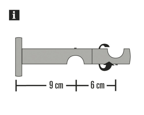 Illustration einer Gardinenstangenhalterung mit den Maßen 9 Zentimeter und 6 Zentimeter.