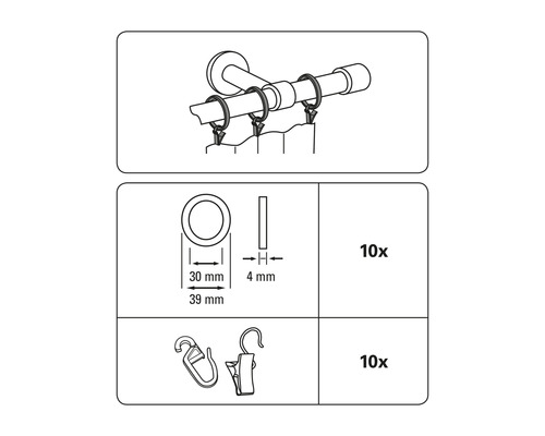 Set d''accessoires pour tringles à rideaux avec anneaux, crochets et pinces, 10 pièces