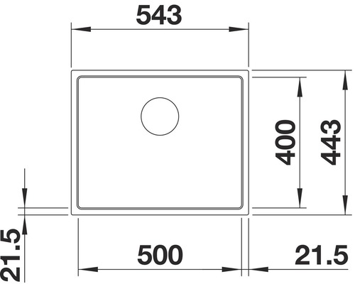 Technische Zeichnung einer Spüle mit Maßangaben