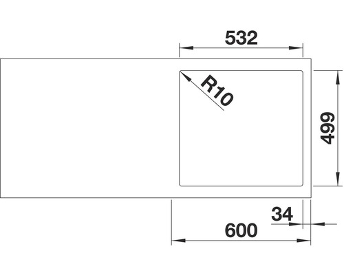 Zeichnung einer Spüle mit den Maßen 600 x 532 x 499 mm