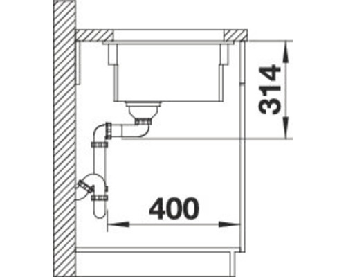 Dessin d''un évier avec siphon et indications de dimensions