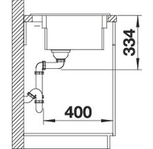 Schema einer Spüle mit den Maßen 334 und 400 Millimeter.