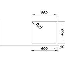 Technische Zeichnung einer Spüle mit den Maßen 562, 488, 600 und 19 Millimeter