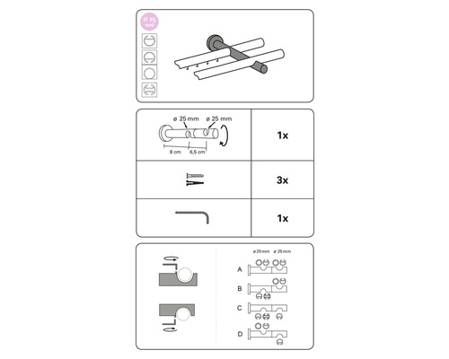 Instructions de montage pour un produit de salle de bains d''un diamètre de 25 millimètres.