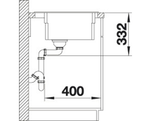 Schéma technique d''un évier avec évacuation et indications de dimensions