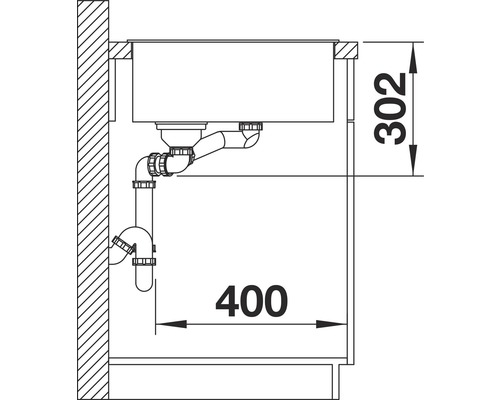 Zeichnung einer Spüle mit Siphon und den Maßen 302 und 400 Millimeter.