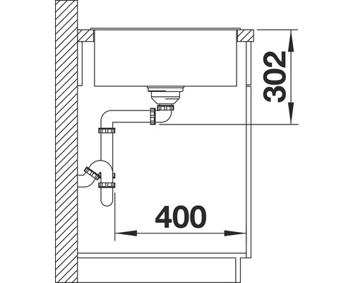 Dessin technique d''un évier avec les dimensions 302 et 400.
