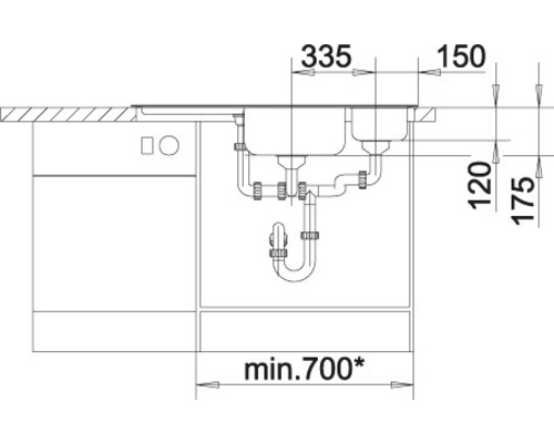 Zeichnung einer Spüle mit Maßangaben für den Einbau