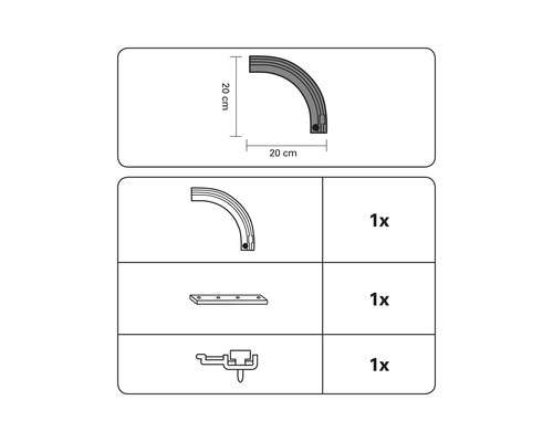 Image d''un kit d''accessoires pour tringle à rideaux, comprenant un élément courbé (20 cm), une plaque de montage et un élément de fixation.