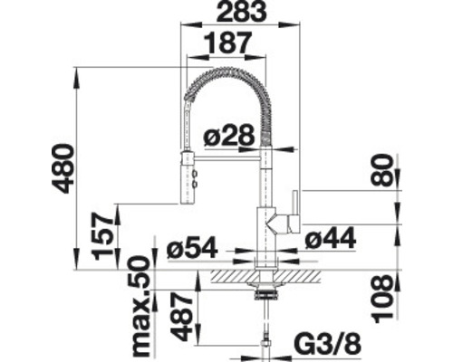 Masszeichnung einer Küchenarmatur mit den Maßen 283, 187, 480, 157, maximal 50, 487, 108, 80, Durchmesser 28, Durchmesser 54, Durchmesser 44 und G3/8