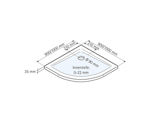 Technische Zeichnung einer Eck-Duschwanne mit Maßangaben