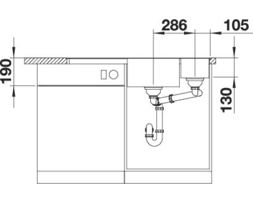 Technische Zeichnung einer Spüle mit den Maßen 286 mm und 105 mm