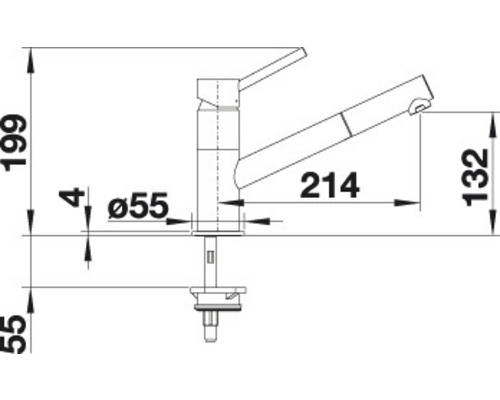 Technische Zeichnung einer Küchenarmatur mit Maßangaben
