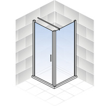 Douche d''angle avec portes en verre et cadre