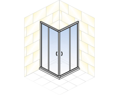 Douche d''angle avec portes en verre et poignées dans une salle de bains