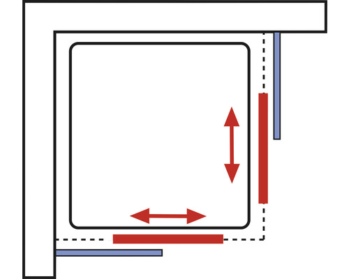 Schema einer Duschkabine mit Verstellbereich