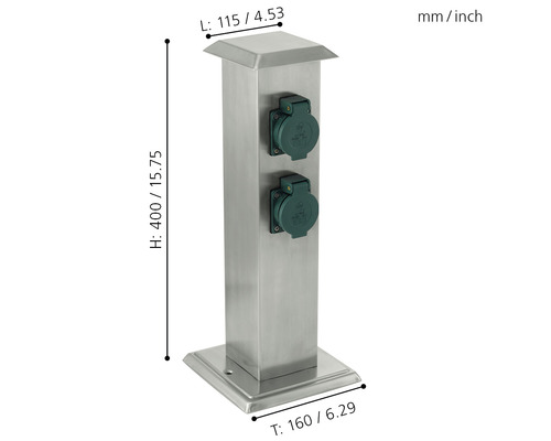 Colonne en acier inoxydable avec deux prises et dimensions