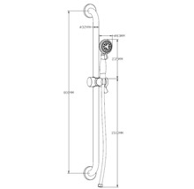 Technische Zeichnung einer Duschstange mit Handbrause und den Maßen 800 mm Höhe und 1500 mm Länge des Brauseschlauchs.