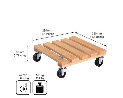 Rolluntersetzer aus Holz mit den Maßen 290 mal 290 Millimeter und einer Traglast von 150 Kilogramm.